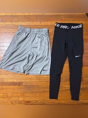Nike Pro men  Black Leggings + Nike Gray Athletic Shorts Set